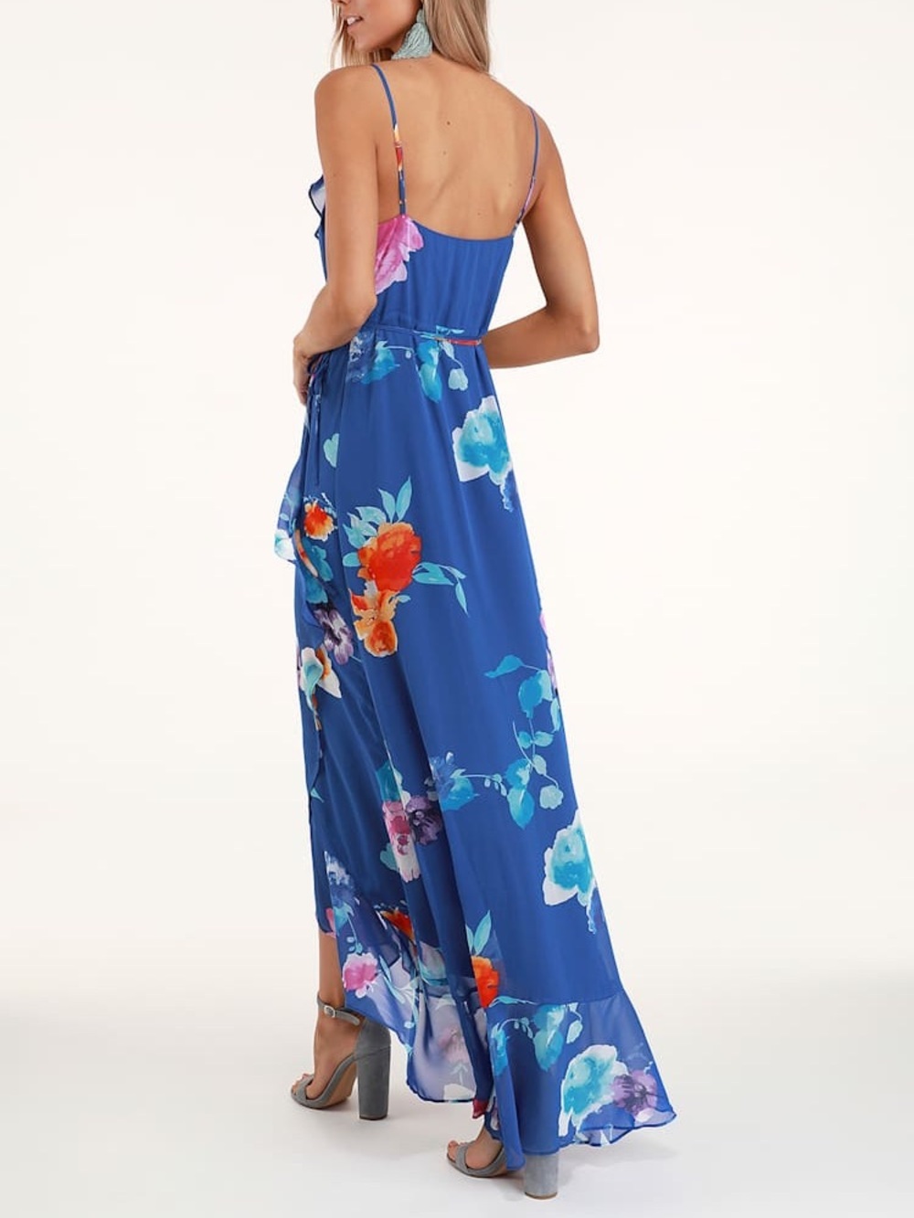 NWT Lulus Ladean Royal Blue Floral Print Ruffled Wrap Maxi Dress - Picture 2 of 5